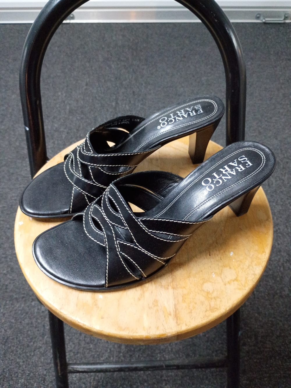 Franco Sarto Black Slip-On Heeled Mules with Contrast Stitching